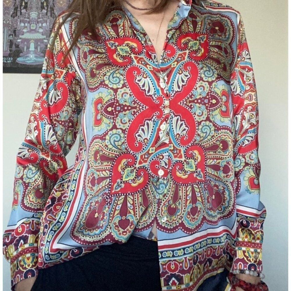 Zara Women's Red Oversized Paisley Print Long Sleeve Shirt Size L